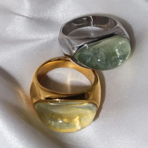 Uworld Unique Natural Stone Green Stainless Steel France Metal Golden  Ring Waterproof Charm Trendy Jewelry Women - 图片 5