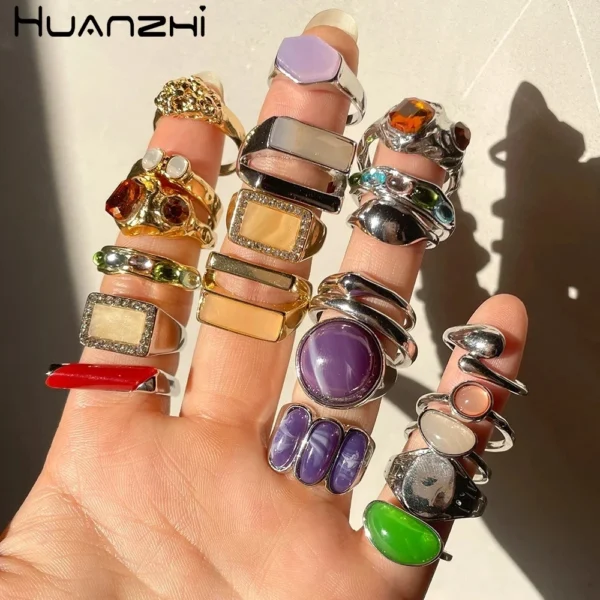 HZ 2021 New Korea 5pcs/set Colorful Stone Rhinestone Metal Chain Trendy Geometry Hit Rings Set for Women Girls Jewelry Gifts - Image 10