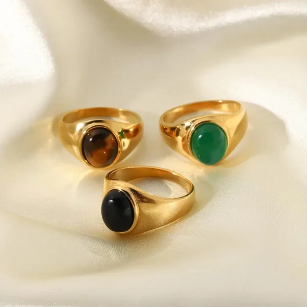 Gold Plated Stainless Steel Mother Of Shell Rings For Women Vintage Inspired Oval Cat's Eye Stone Signet Ring Gorgeous Jewelry - immagine 4