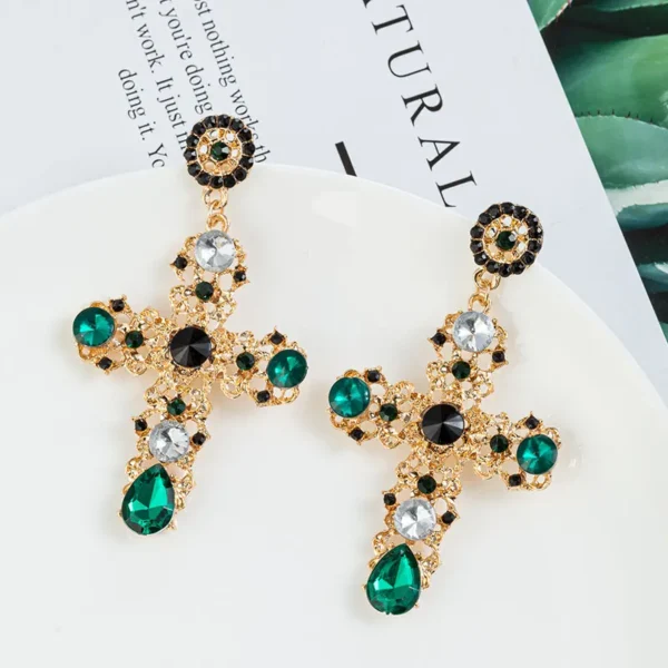 New Arrival Vintage Black Pink Crystal Cross Drop Earrings for Women Baroque Bohemian Large Long Earrings Jewelry Brincos 2023 – Image 12