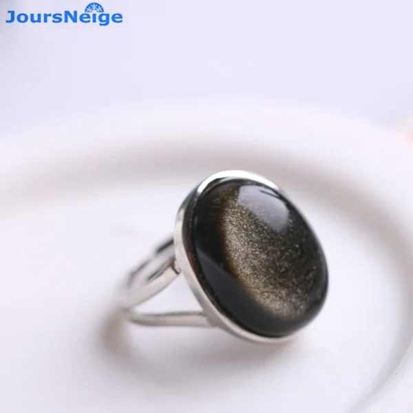 Natural Obsidian Ring Gold Eye Stone S925 Sterling Silver Mosaic Ring Simple Men Women Gift Crystal Ring Jewelry - Image 3