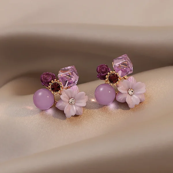 Purple Crystal Flower Stud Earrings For Woman  Korean Fashion Jewelry Wedding Party Girl Elegance Set Accessories - 图片 17