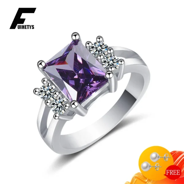 Fashion Rings 925 Silver Jewelry Rectangle Amethyst Zircon Gemstone Finger Ring for Women Wedding Engagement Party Ornaments - Imagen 2