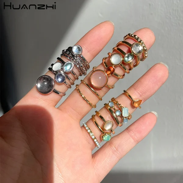 HZ 2021 New Korea 5pcs/set Colorful Stone Rhinestone Metal Chain Trendy Geometry Hit Rings Set for Women Girls Jewelry Gifts – Bild 12