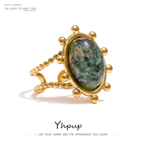 Yhpup Stainless Steel Green African Turquoise Stone Ring for Women Fashion Ring Waterproof Jewelry Bijoux Femme Party Gift - Image 2