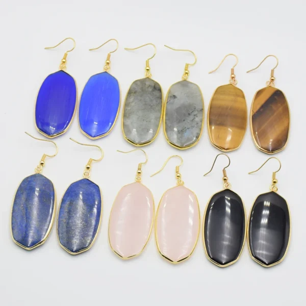 Oval Natural Stone Dangle Earrings Yellow Gold Color Hook Crystal Tiger Eye Black Onyx Lapis Women Female Eardrop Luxury Jewelry - Imagen 15