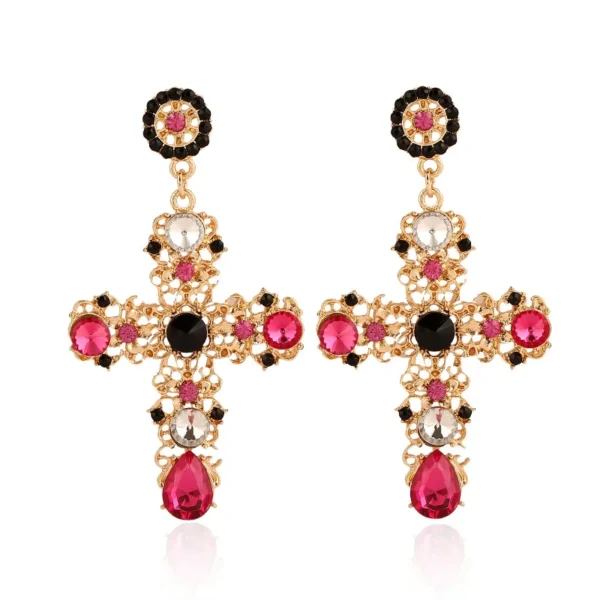 New Arrival Vintage Black Pink Crystal Cross Drop Earrings for Women Baroque Bohemian Large Long Earrings Jewelry Brincos 2023 - 图片 8