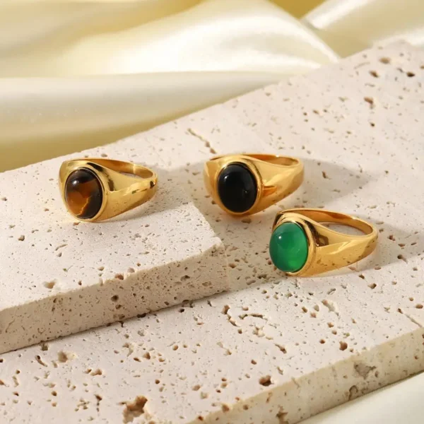 Gold Plated Stainless Steel Mother Of Shell Rings For Women Vintage Inspired Oval Cat's Eye Stone Signet Ring Gorgeous Jewelry - Image 6