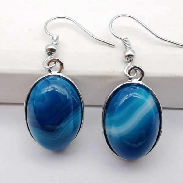 Blue Veins Agate Stone Oval Beads Dangle Earrings Jewelry For Woman Gift T266 – Image 3