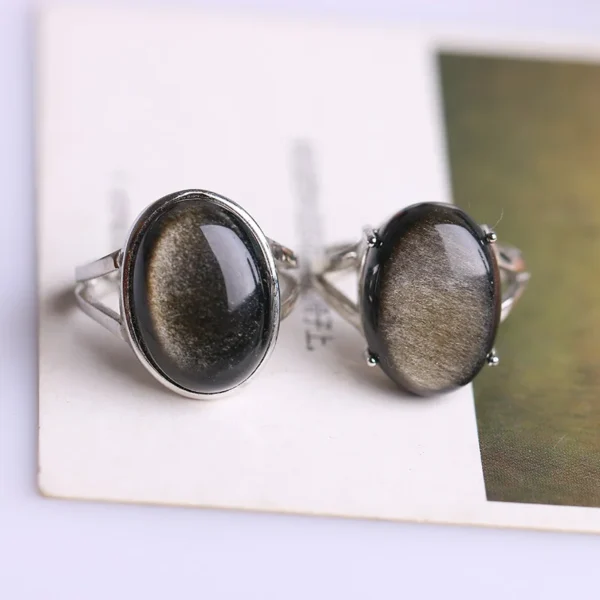 Natural Obsidian Ring Gold Eye Stone S925 Sterling Silver Mosaic Ring Simple Men Women Gift Crystal Ring Jewelry - immagine 5