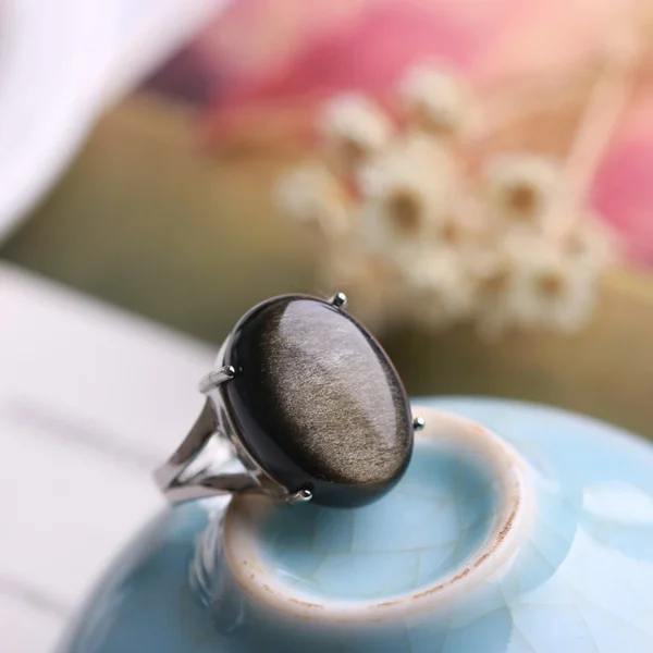 Natural Obsidian Ring Gold Eye Stone S925 Sterling Silver Mosaic Ring Simple Men Women Gift Crystal Ring Jewelry - 图片 4