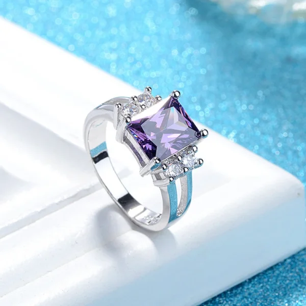 Fashion Rings 925 Silver Jewelry Rectangle Amethyst Zircon Gemstone Finger Ring for Women Wedding Engagement Party Ornaments - Imagen 5