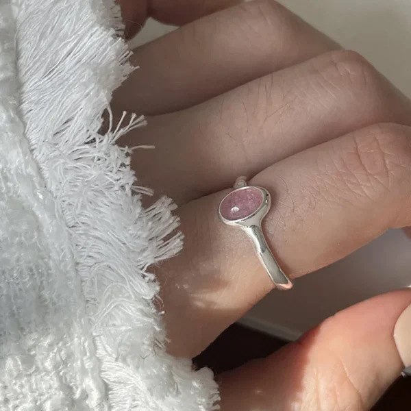 925 Sterling Silver Simple Retro Pink Stone Rings For Women Geometric Fashion Smiple Open Handmade Allergy Party Jewelry Gift - 图片 5