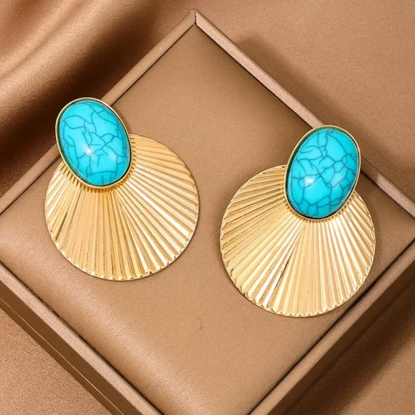 Geometric Stud Earrings For Women Turquoise Metal Disc Large Size Party Gift Holiday Fashion Jewelry Ear Accessories DE096 - immagine 6