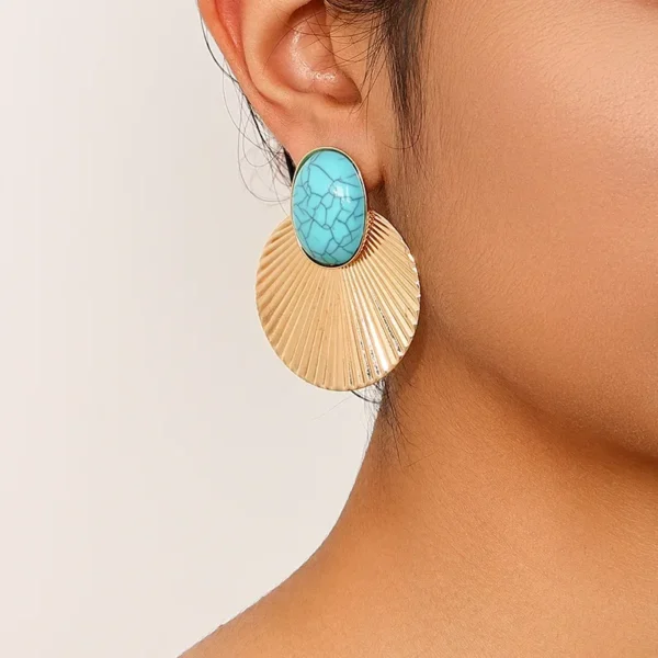 Geometric Stud Earrings For Women Turquoise Metal Disc Large Size Party Gift Holiday Fashion Jewelry Ear Accessories DE096 - 图片 4