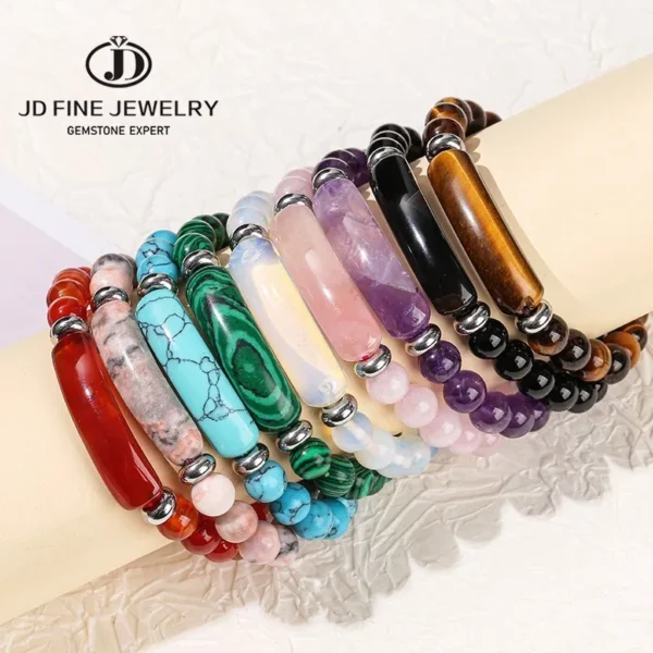 JD Natural Stone Tiger Eye Amethyst Rectangle Bar Charm Bracelet Women Men Healing Stone Powder Crystal Rough Chakra Jewelry - 图片 22