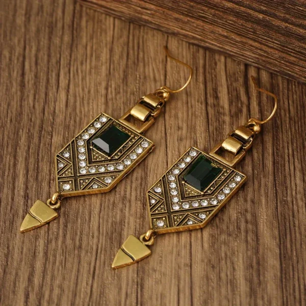 Fashion BOHO Green Glass Crystal Rhinestone Dangle Women Ancient Gold Color Wear Ear Band Long Tassel Earrings – Image 4