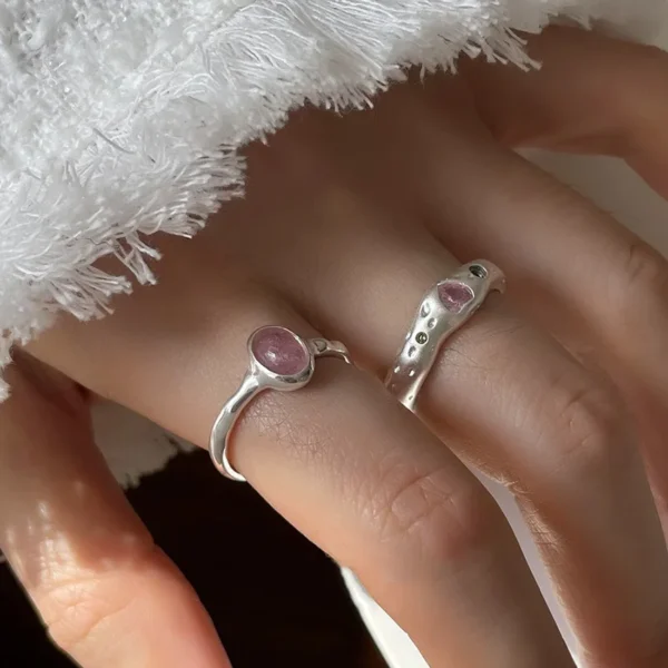 925 Sterling Silver Simple Retro Pink Stone Rings For Women Geometric Fashion Smiple Open Handmade Allergy Party Jewelry Gift - 图片 3