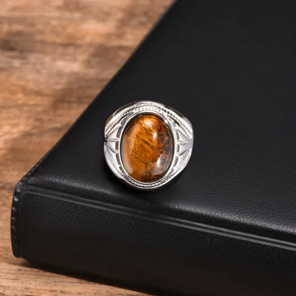 Brown Oval Rings for Men Boys,Natural Tiger Eye Stone Stainless Steel Ring,Punk Jewelry Gifts to Father Dad Husband Boyfriend - 图片 2