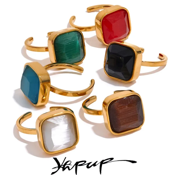 Yhpup Colorful Opal Natural Cat Eye Stone Stainless Steel Square Open Ring High Quality Rust Proof Gold Color Finger Jewelry - 图片 7