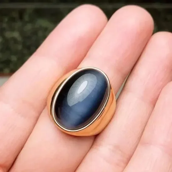 New Male Fashion Blue Oval Stone Stainless Steel Cat's Eye Ring for Men Women Classic Bling Men's Party Wedding Jewelry Gift - 图片 5