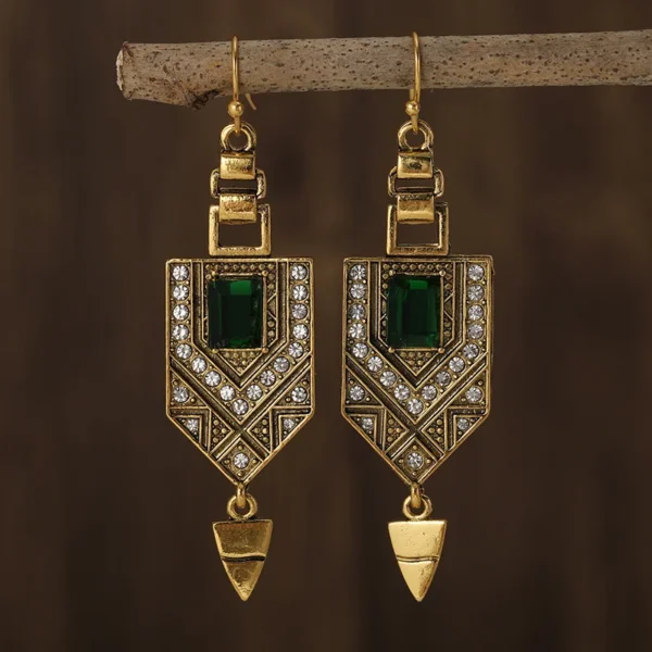 Fashion BOHO Green Glass Crystal Rhinestone Dangle Women Ancient Gold Color Wear Ear Band Long Tassel Earrings