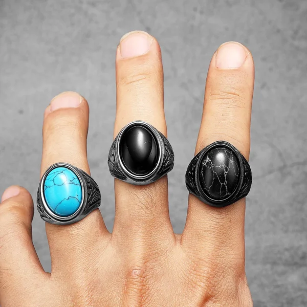 Black Turquoise Carved Men Rings Stainless Steel Women Jewelry Vintage Punk Rock Cool Stuff Fashion Accessories Gift Wholesale - Imagen 9