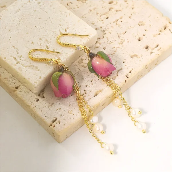 Natural Freshwater Pearl Drop Gel Flower Earrings Korean Style Women's Luxury Vintage Jewelry Fashion Ladies and Girls Gift - immagine 10