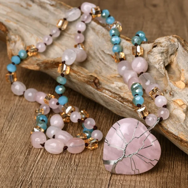 Natural Stone Rose Quartz Blue Crystal Bead Love Pendant Long Necklace Bohemian Women's Fashion and Exquisite Holiday Jewelry – Image 7