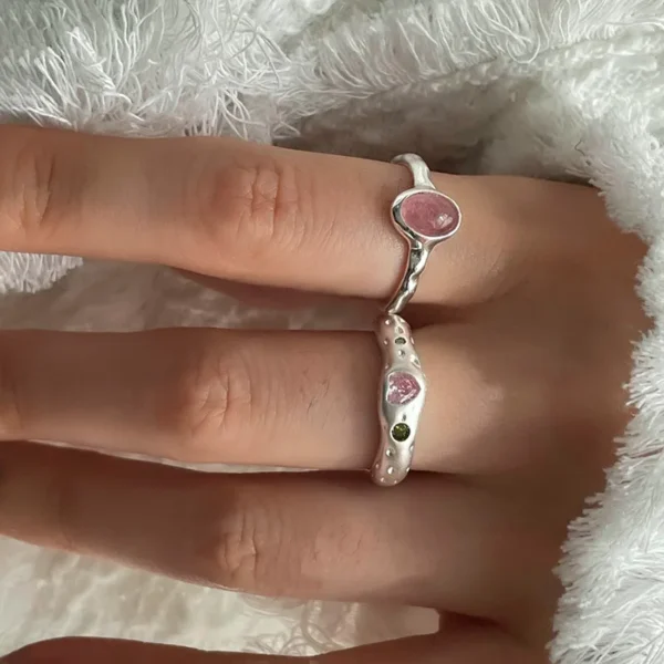 925 Sterling Silver Simple Retro Pink Stone Rings For Women Geometric Fashion Smiple Open Handmade Allergy Party Jewelry Gift - 图片 4