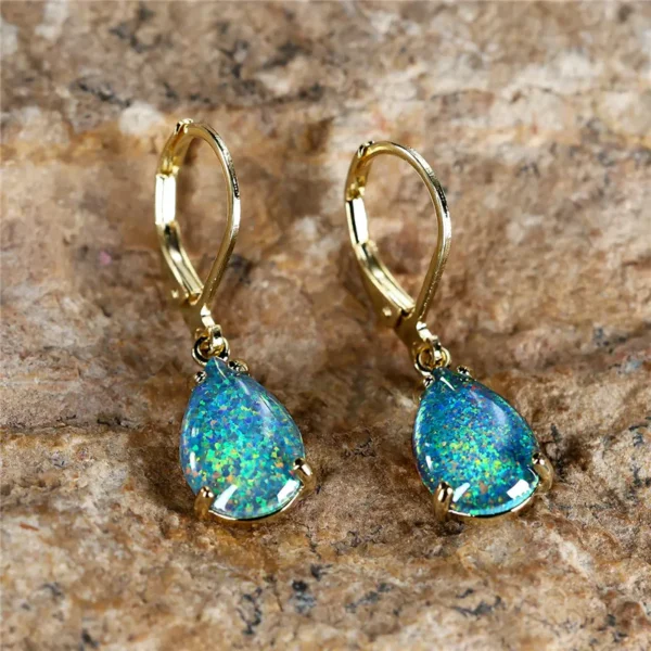 Female White Fire Opal Stone Classic Gold Color Water Drop Earrings Cute Dangle Boho Jewelry For Women - 图片 5