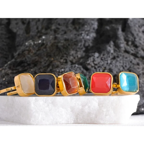 Yhpup Colorful Opal Natural Cat Eye Stone Stainless Steel Square Open Ring High Quality Rust Proof Gold Color Finger Jewelry - Image 12