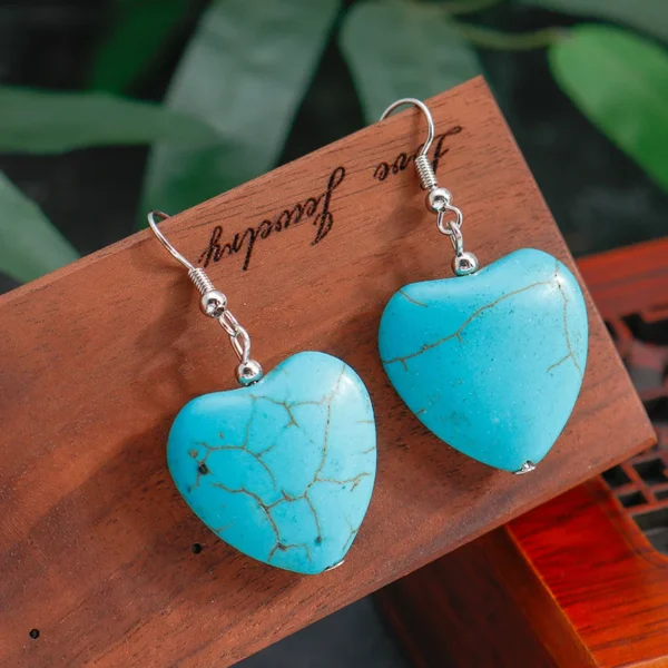 Ethnic Turquoise Love Heart Drop Earrings for Women Bohemian Natural Stone Dangle Earrings Girls Party Birthday Jewelry Gifts