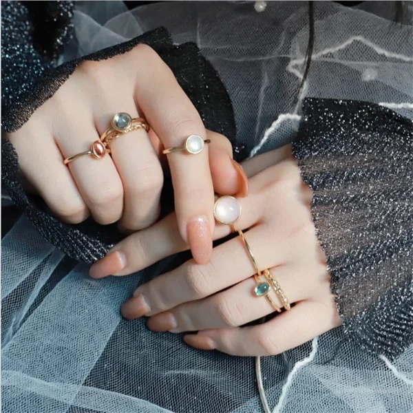 HZ 2021 New Korea 5pcs/set Colorful Stone Rhinestone Metal Chain Trendy Geometry Hit Rings Set for Women Girls Jewelry Gifts – Image 11