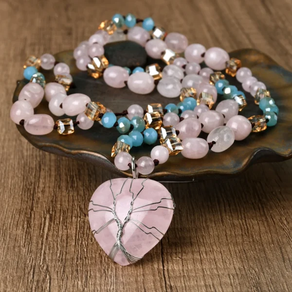 Natural Stone Rose Quartz Blue Crystal Bead Love Pendant Long Necklace Bohemian Women's Fashion and Exquisite Holiday Jewelry – Image 3