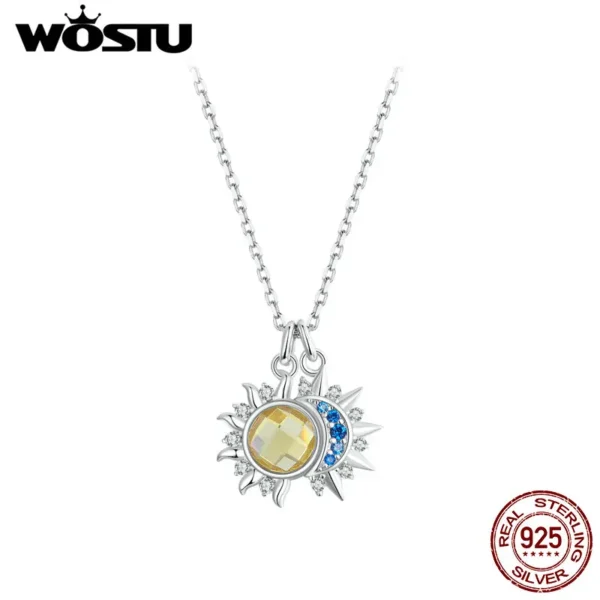 WOSTU 925 Sterling Silver Moon Sun Pendant Necklace Women Blue CZ Yellow Crystal Charm Necklaces Valentine's Mother's Day Gifts – Image 2