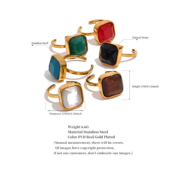 Yhpup Colorful Opal Natural Cat Eye Stone Stainless Steel Square Open Ring High Quality Rust Proof Gold Color Finger Jewelry - immagine 11