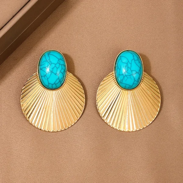 Geometric Stud Earrings For Women Turquoise Metal Disc Large Size Party Gift Holiday Fashion Jewelry Ear Accessories DE096 - 图片 3