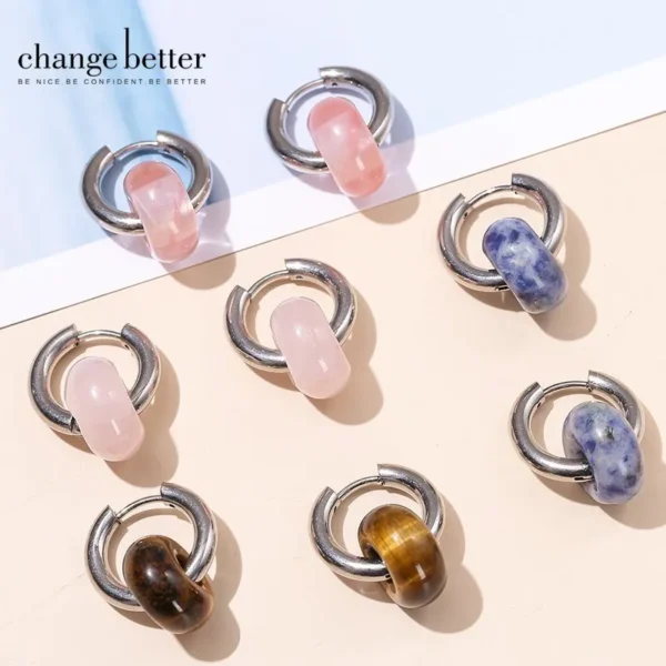 Change Better Natural Stone Agate Turquoise Silver Color Hoop Earrings Women Stainless Steel Donut Chunky Hanging Ear Buckles - Imagen 11