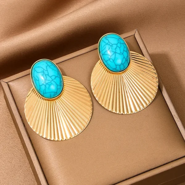 Geometric Stud Earrings For Women Turquoise Metal Disc Large Size Party Gift Holiday Fashion Jewelry Ear Accessories DE096 – Image 5