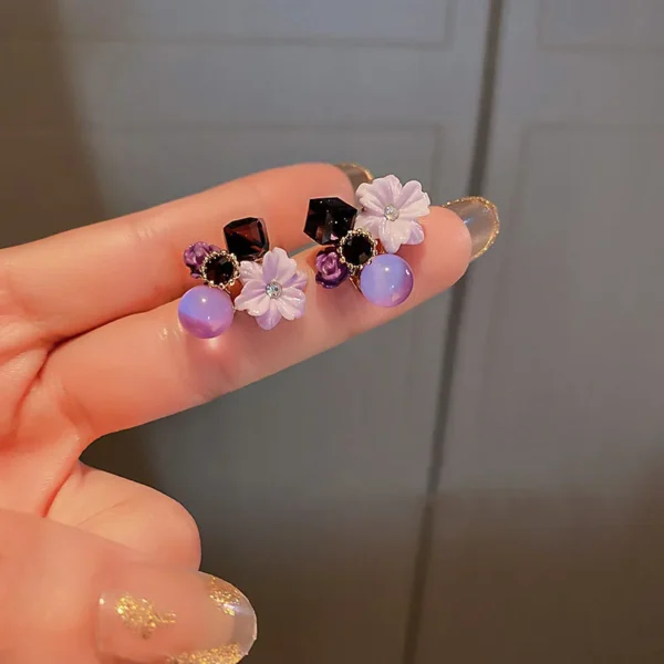 Purple Crystal Flower Stud Earrings For Woman  Korean Fashion Jewelry Wedding Party Girl Elegance Set Accessories - 图片 18