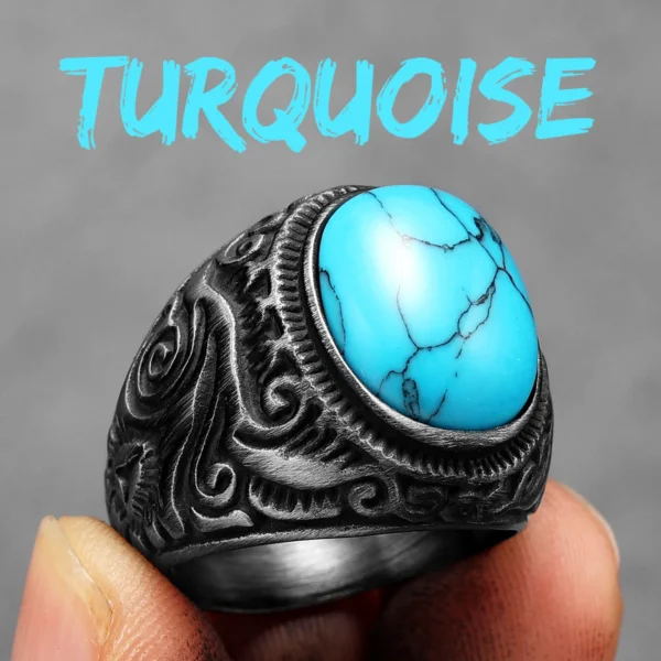 Black Turquoise Carved Men Rings Stainless Steel Women Jewelry Vintage Punk Rock Cool Stuff Fashion Accessories Gift Wholesale - immagine 4