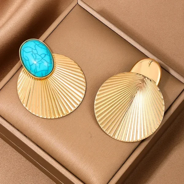 Geometric Stud Earrings For Women Turquoise Metal Disc Large Size Party Gift Holiday Fashion Jewelry Ear Accessories DE096 - 图片 8