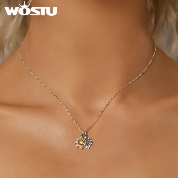 WOSTU 925 Sterling Silver Moon Sun Pendant Necklace Women Blue CZ Yellow Crystal Charm Necklaces Valentine's Mother's Day Gifts - Imagen 3