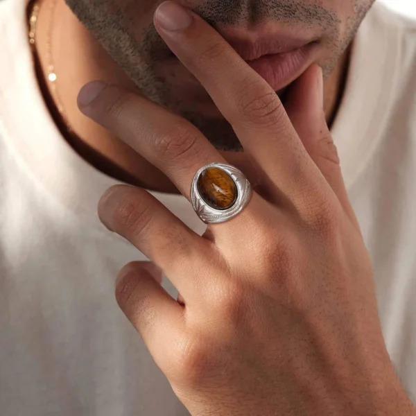 Brown Oval Rings for Men Boys,Natural Tiger Eye Stone Stainless Steel Ring,Punk Jewelry Gifts to Father Dad Husband Boyfriend - 图片 4