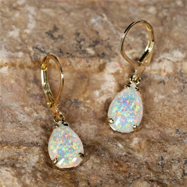 Female White Fire Opal Stone Classic Gold Color Water Drop Earrings Cute Dangle Boho Jewelry For Women - immagine 3