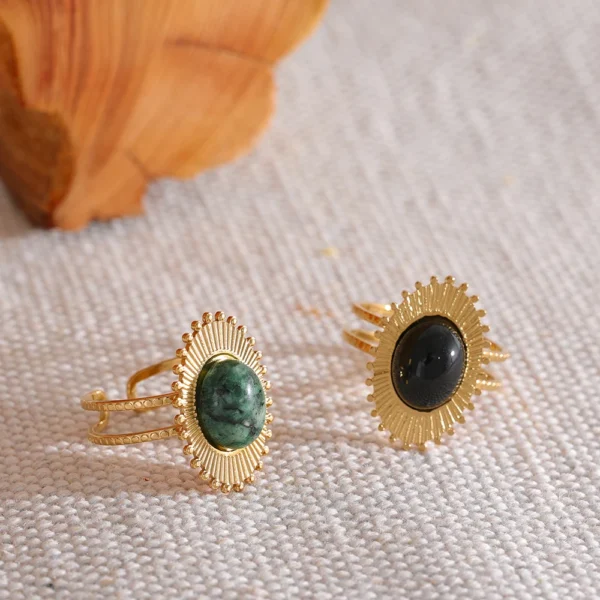 Yhpup Stainless Steel Opening Ring for Women Green Black Natural Stone Agate Adjustable Chic Jewelry Bagues Pour Femme Party - 图片 5