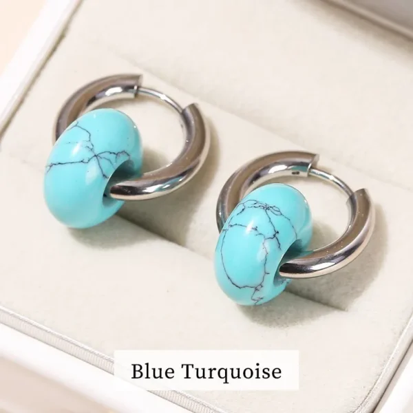 Change Better Natural Stone Agate Turquoise Silver Color Hoop Earrings Women Stainless Steel Donut Chunky Hanging Ear Buckles - immagine 6