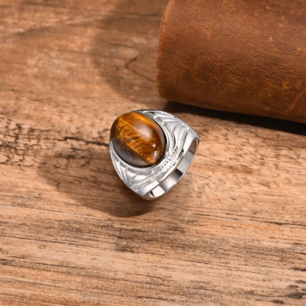 Brown Oval Rings for Men Boys,Natural Tiger Eye Stone Stainless Steel Ring,Punk Jewelry Gifts to Father Dad Husband Boyfriend - immagine 6