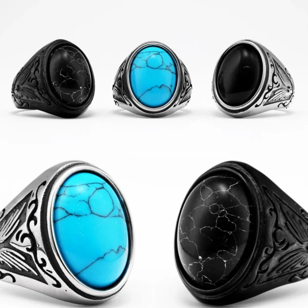 Black Turquoise Carved Men Rings Stainless Steel Women Jewelry Vintage Punk Rock Cool Stuff Fashion Accessories Gift Wholesale - immagine 12